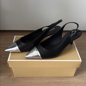 MICHAEL Michael Kors Black and Silver Kitten Heel Slingbacks